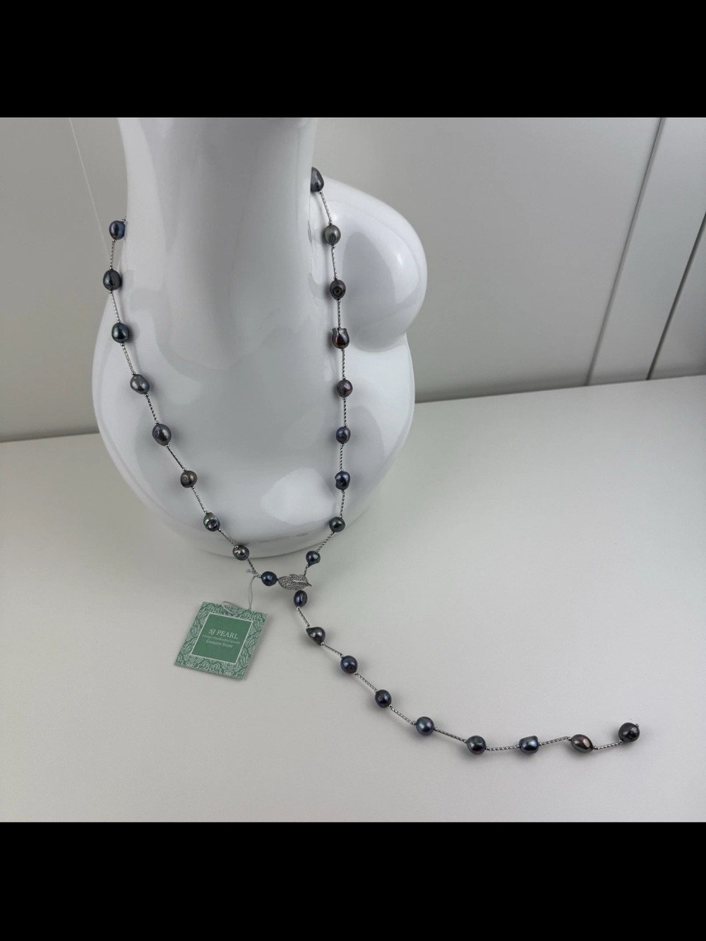 SJ Pearl Handcrafted Black/Rainbow Iridescent/Silver/CZ Diamond Lariat Necklace!